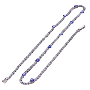 Collar tenis plateado con dijes de corazón de ojo turco azul y circonitas cúbicas