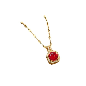 Minimalist gold chain necklace with micro-pave zircon and red gemstone pendant for women