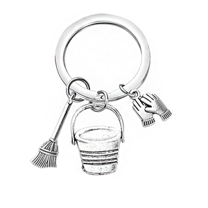Antique silver alloy keychain featuring bucket, broom and glove charms for housekeepers