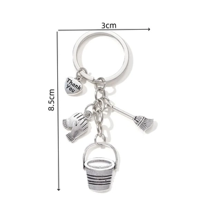 Silver alloy keychain with bucket broom and gloves charms, 8.5cm Thank You gift for housekeeper