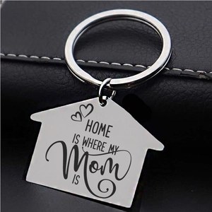 Polished silver house keychain with Home is Where Mom is engraving for new home gift