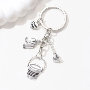 Housekeeper thank you keychain with silver bucket broom gloves and engraved heart charm