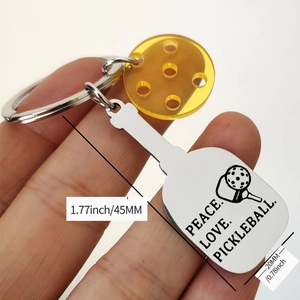 Pickleball keychain with yellow ball pendant and Peace Love Pickleball engraved tag