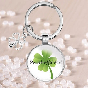 Du Schafst Das German Lettering Keychain Four Leaf Clover Lucky Charm Glass Cabochon Graduation Party Metal Key Ring Gift
