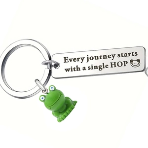 Inspirational stainless steel frog keychain with engraved message and 3D frog doll charms