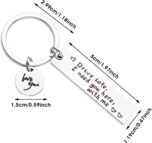 Detail view of Drive safe stainless steel keychain with Love you heart and size labels