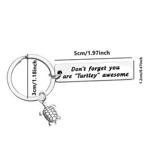 Inspirational turtle charm keychain with engraved 'Turtley Awesome' steel pendant