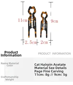 Detailed size specifications for cat-shaped acetate hair pins in tortoiseshell finish