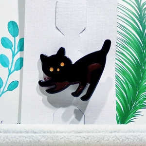 Detailansicht einer glänzenden schwarzen Katzenbrosche mit gelben Augen auf Karton