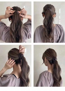 Macro detail of bird nest hair claw clip holding high ponytail on brown hair