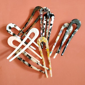 French style U-shaped acetate hair pins in 9 assorted marble and tortoiseshell patterns