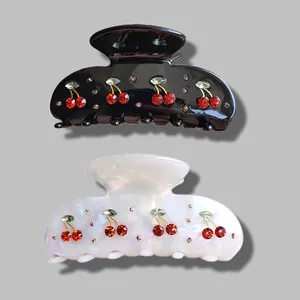 French Style Cherry Rhinestone Acetate Hair Claw Clip For Women Elegant Iridescent Black Shark Clip Sweet Hair Accessory