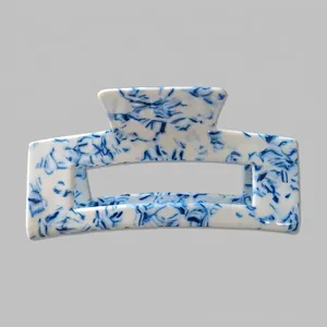 Large Acetate Rectangle Hair Claw Clip Blue And White Porcelain Marble Pattern Elegant Non-Slip Hair Accessory For Women Girls