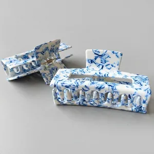 Blue and white marble texture 10cm square hair claw clip for women in minimalist design