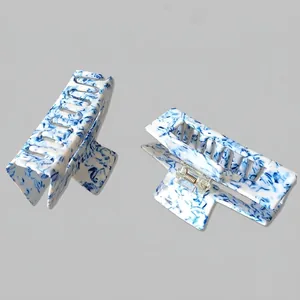 Blue and white marble pattern 10cm square hair claw clip with strong metal spring