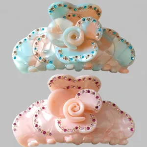 Vintage Cellulose Acetate Rose Flower Hair Claw Clip Elegant Rhinestone Marble Texture Shark Clip For Women Thick Hair Accessory