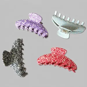 Large French leopard print hair clips in purple, light blue, white, and red set