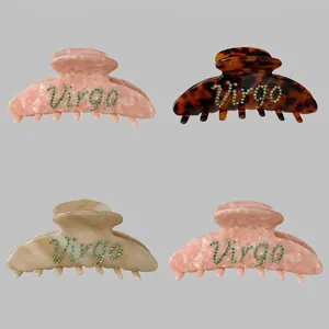 Vintage French Large Hair Claw Clip Acetate Virgo Letter Rhinestone Marble Tortoiseshell Shark Hair Clip For Women Jewelry