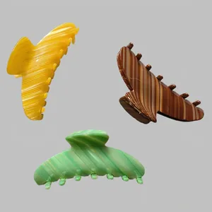 Pinces à cheveux en acétate style français, jaune, marron et vert à motif marbré