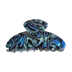 Elegant large acetate hair claw clip with blue and green pearlescent seashell texture