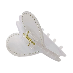Elegante pinza per capelli a cuore in acetato bianco con strass e molla dorata
