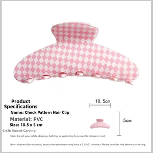 Pince à cheveux à carreaux rose en fibre d'acétate mesurant 10,5 cm sur 5 cm pour femme