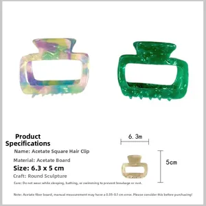 Detailed view of square acetate hair claw clips with size dimensions and spring mechanism