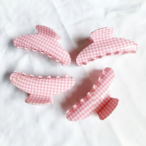 Pince à Cheveux à Damiers Rose et Blanc Grande Pince de Requin en Acétate de Mode Grille Cheveux pour Femmes Doux Accessoires
