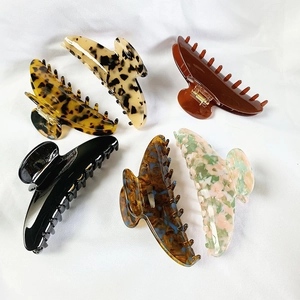 Set of six large 12cm French acetate hair claws in various leopard and marble patterns