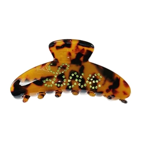 Retro tortoiseshell hair claw clip with green rhinestone Love design for women
