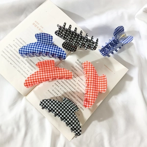 French style checkered large claw clip set in blue, black, and orange finishes