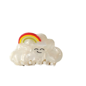 Cloud-shaped pearl white acetate hair claw clip with rainbow smile face design for women