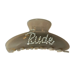 Elegant large acetate Bride claw clip with white rhinestone lettering on brown base