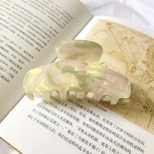 Macro shot of 9cm iridescent pastel hair claw clip with shell texture on an open book