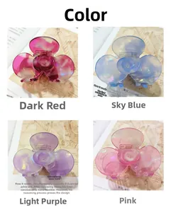 Detailed comparison of four acetate flower hair claws in red, blue, purple, and pink colors
