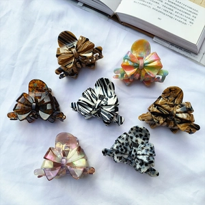 French Vintage Acetate 3D Bow Hair Claw Clip Elegant Marble Pattern Leopard Print Shark Hair Clip For Women Hair Accessories