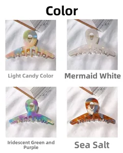 Detail showcase of large acetate shark hair clips in four elegant assorted color patterns