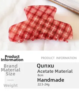 Detailed view of handmade red checkered acetate hair claw clip showing 8cm size and specs