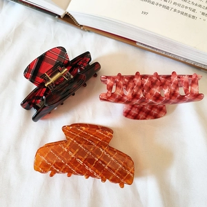 French style red plaid hair claws and amber resin shark clips for elegant hairstyling