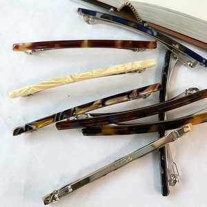 French style minimalist long tortoiseshell resin hair clip with silver metal spring buckle