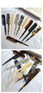 Macro shot of assorted retro acetate rat tail combs with marble textures and vibrant colors