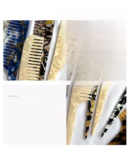 Close-up of tortoise shell and marble acetate wide-tooth comb with smooth round edges