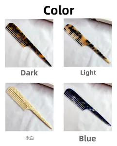 Detailed grid of acetate tail combs in tortoiseshell, marble white, and blue patterns