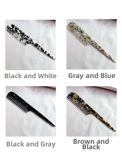 Close-up of four marble acetate pointed tail combs in black, blue, and brown patterns