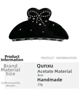 Detail of 8cm black acetate hair claw with rhinestone bow knot and product dimensions