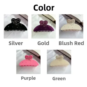 Detailed close-up of bow-shaped acetate hair claws featuring sparkling rhinestones in five colors