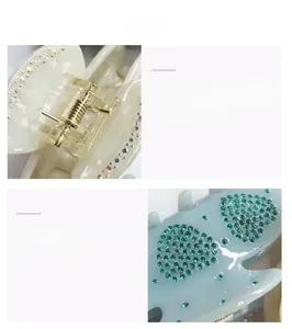 Détail de pinces à cheveux en acétate avec strass colorés et ressort en métal doré