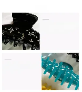 Detail of star-patterned hair claw clips with rhinestones in black and teal colors