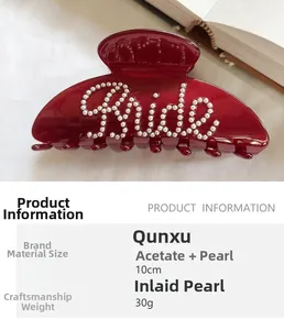 Detail of 10cm burgundy acetate hair claw clip with pearl Bride lettering and dimensions