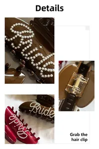 Detailed close-up of large acrylic hair claw clip with pearl Bride letter inlay and spring